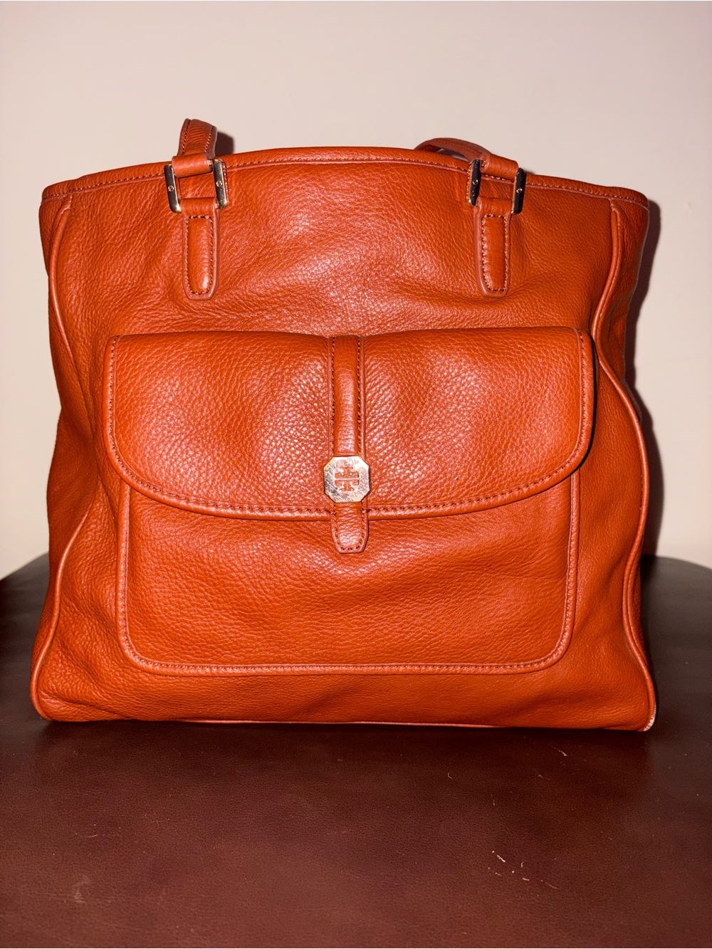 TORY BURCH VINTAGE EUC Women's Large Cognac Pebbled Leather Tote Handbag Preppy